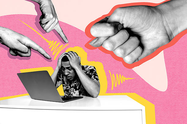 istock Sketch design trend artwork poster 3D collage of hand gesture fig young man sit work laptop burnout harassment pressure abuse fear victim 2221110038
