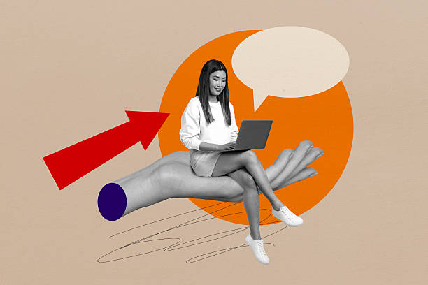 istock Template collage design trend artwork sketch of huge hand hold lady sit work laptop speech cloud textbox arrow point resources candidate 2221111948