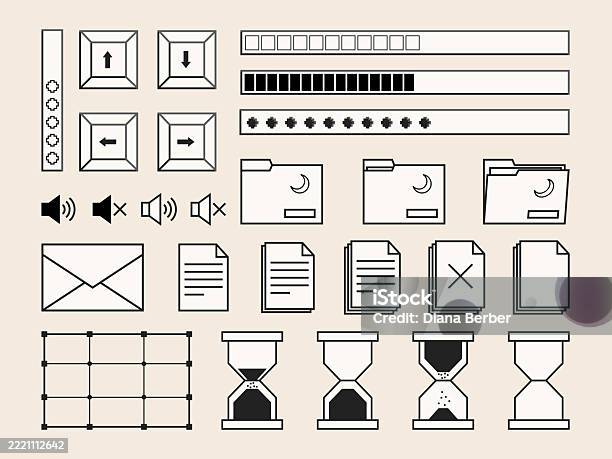 Set Of Retro Computer Interface Design Elements Buttons Documents And ...