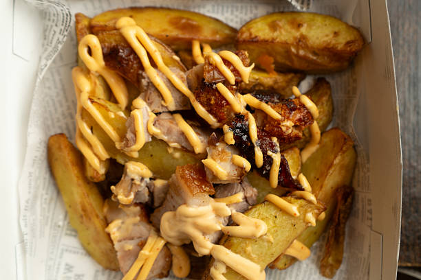 French fries with panko and sauces
