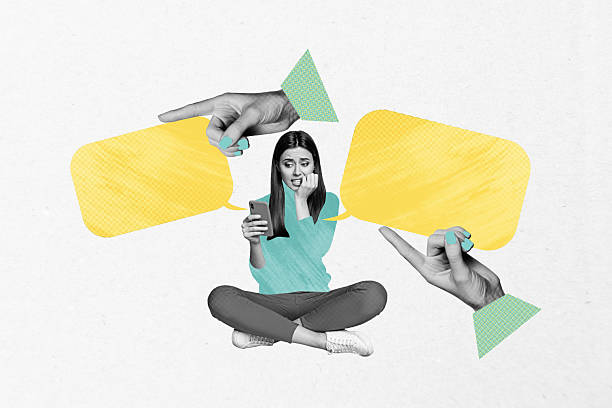 istock Creative design composite trend artwork collage of young lady sit confused hold smartphone finger point showing message comment bubble 2221114251