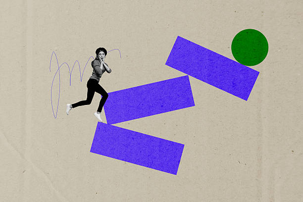istock Trend artwork sketch design montage 3D collage of challenge ambition progress target achievement aspiration young lady shocked face walk 2221114358