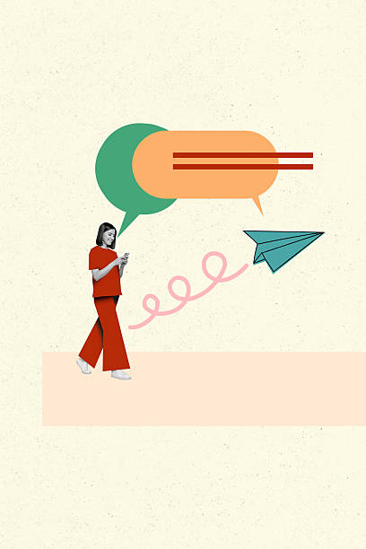 Trend artwork collage template composite of young lady walk hand type smartphone paper flight mind speech feedback thought communication