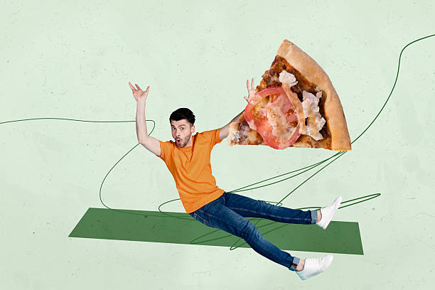 istock Pop art collage of person sit fall with slice pizza on green background 2221116087