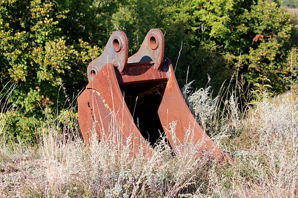 Large rusted excavator bucket stands upright among tall dry grasses and wild plants, abandoned at the edge of a field with dense green trees in the background
