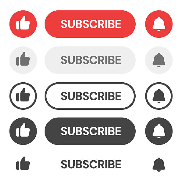 subscribe button, like icon, notification bell, social media ui,  subscribe, user interface elements, flat design buttons, vector icons, ui ux design, notification icon, social network, web design assets, call to action, button set, bell icon, like button, rounded button, flat ui kit, video platform elements, follow button stock illustration vector