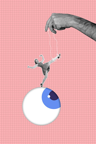 istock Composite image montage trend artwork 3D collage of boss hand hold rope moving young lady stand balance confused big eye vision control 2221130190