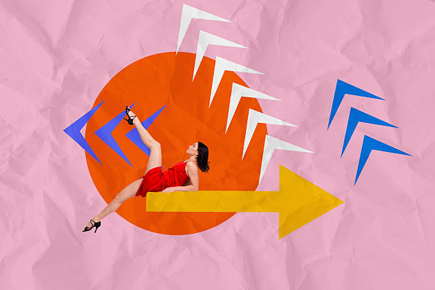 istock Trend artwork template design 3D collage of young lady expression posing sit arrow achievement hiring graphics trade point way challenge 2221130715