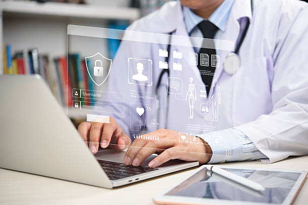 istock Medical entering password on virtual patient dashboard, data privacy, online medical records, and digital health innovation. healthcare cloud, secure EHR systems, HIPAA compliance, and telemedicine 2221131239