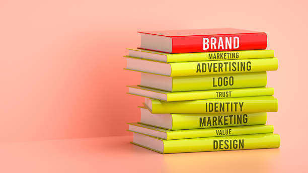 A stack of yellow books topped with a red one illustrates the core components of building a powerful brand. The top book, simply labeled \