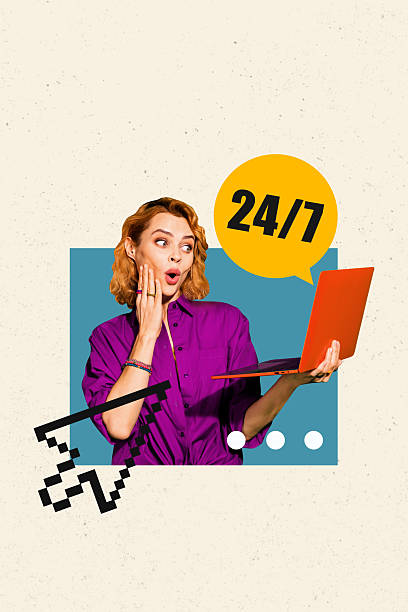 istock Trend composite sketch template 3D photo collage of young lady shocked hand hold computer pointer speech cloud message service client 2221133227