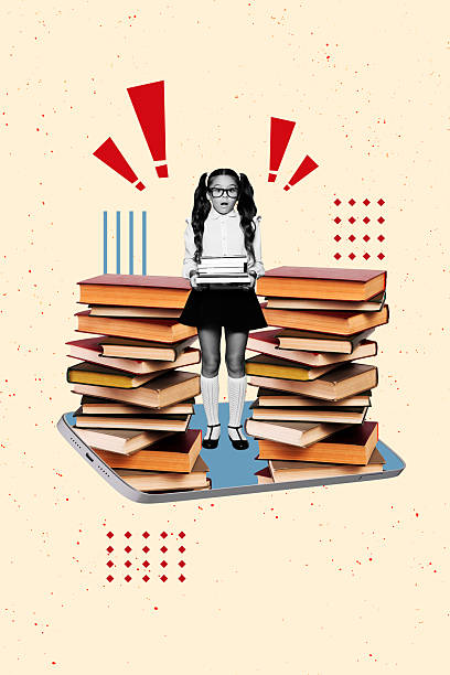 istock 3D collage artwork composite sketch poster of pile book library e-learning school digital intellect lesson back shocked young girl stand 2221136413