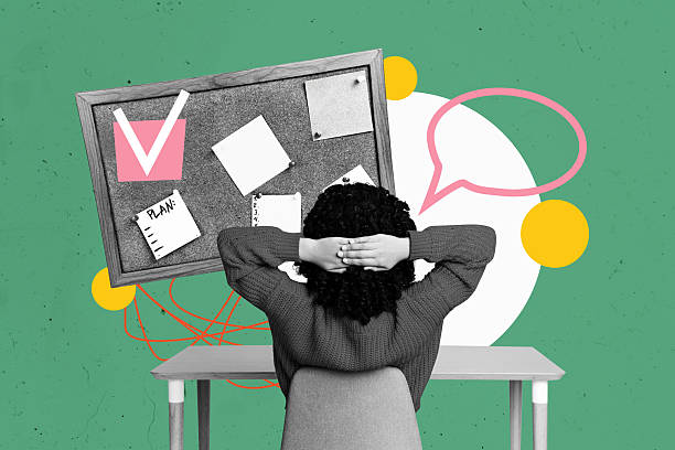 istock Photo collage template trend artwork sketch of young lady sit back talk board done plan analytics group human resources cooperation staff 2221138906