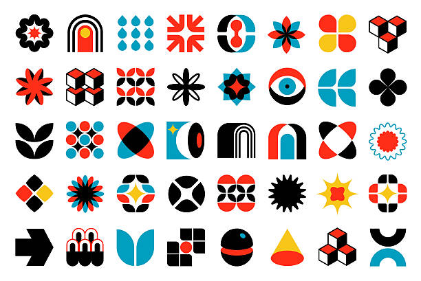 Bauhaus style symbols and brutal, y2K, minimal vector  elements.