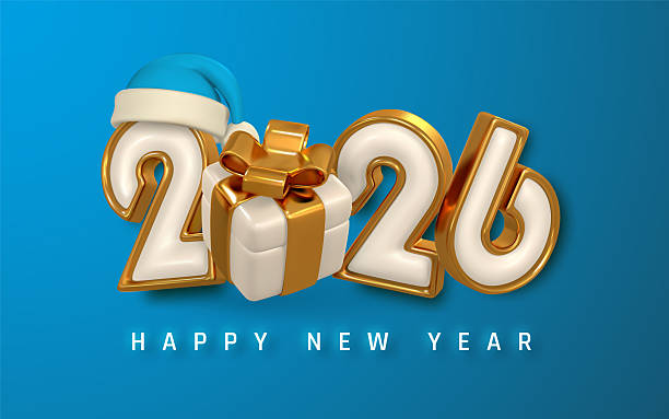 istock Happy New Year 2026 Design with Gift Box, Golden Numbers, and Santa Hat on Blue Background. Festive Holiday Celebration Style for Greeting or Banner. Vector Illustration 2221142183