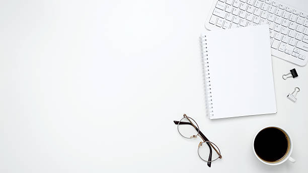 istock Office workspace and productivity concept. Mock up notebook. Flat lay composition with copy space 2221144668