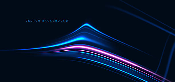 istock Hi-speed blue and pink neon wave beams rays on dark blue background. Speed motion moving concept. 2221148275