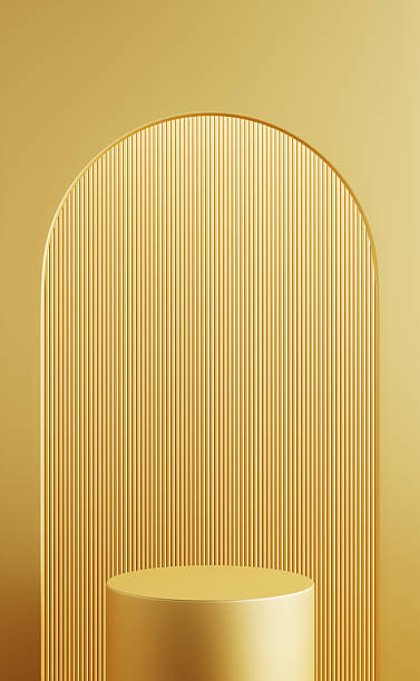 istock Modern Luxury arch gold and circle pedestal arch or curve studio backdrop. Glossy, reflective product display stand. Platform podium advertisement products fashion cosmetics skincare. 3D Illustration. 2221154838
