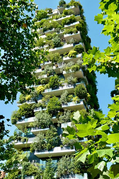istock Skyscraper with trees on balconies with leaves in foreground 2221157003