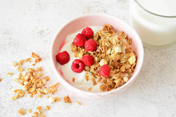 istock breakfast bowl with yogurt, granola and fresh raspberries flat lay healthy menu 2221161702