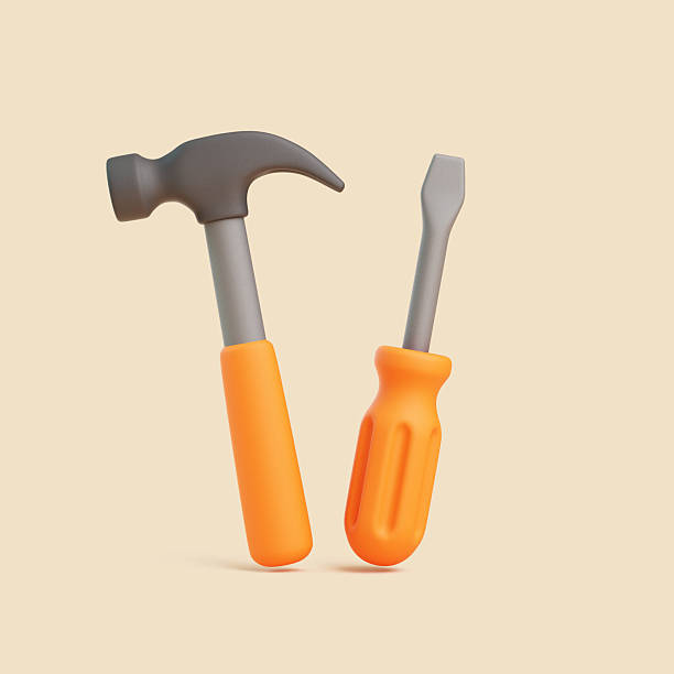 istock 3D Hammer and Flathead Screwdriver with Orange Handles on Beige Background 2221166194