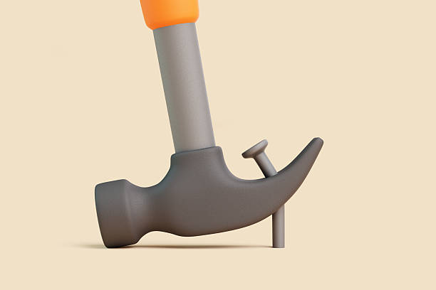 Close-up cartoon-style 3D hammer pulling out a bent nail on beige background, minimal concept of repair or construction