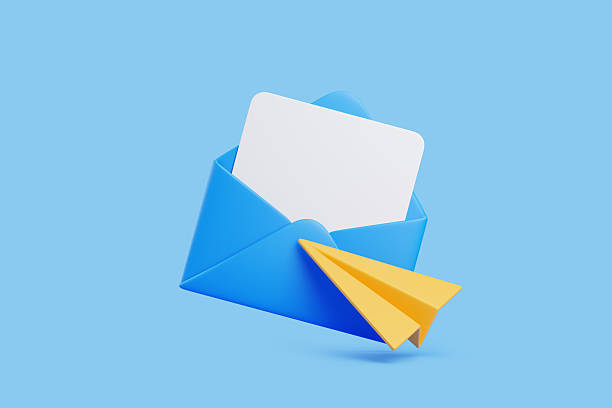 istock Blue envelope with white card and yellow paper plane icon on blue background 2221166387