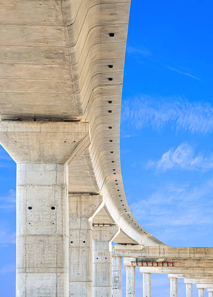 istock Precast Concrete Pillar of Curve Elevated Expressway Structure over Road Construction Site against Blue Sky Background, Perspective view and Vertical frame 2221168884