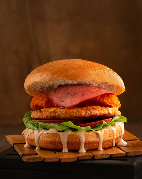 istock Chicken burger with onion rings sauce and salami. 2221179653
