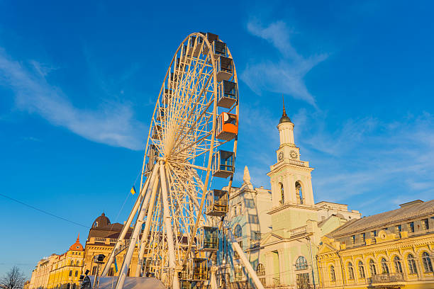 Reutlingen, Germany - September 02: Carousel and people on the marketplace in Reutlingen on September 02, 2020. The ferris wheel is set up during the week's adventure city tour \