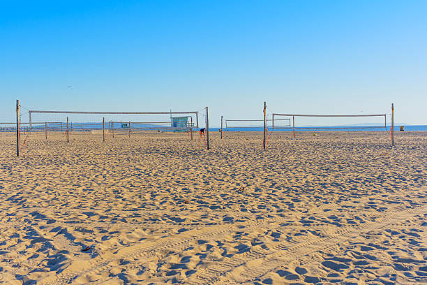 Venice Beach, California - January 16, 2025: Multiple sandy volleyball courts set against the expansive backdrop of Venice Beach, showcasing clear blue skies and soft, sunlit sands during daytime.