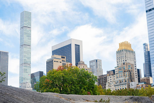 This is a photograph taken from Central Park of the Midtown Manhattan skyline on an autumn day in New York City.