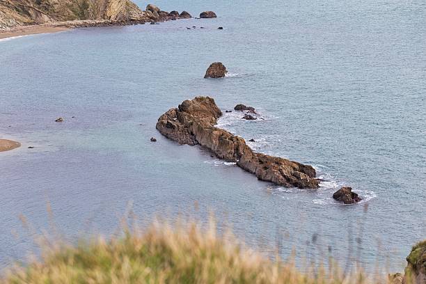 A coastal scene features rocky formations in the sea, viewed from an elevated grassy vantage point in Durdle Door - Dorset - Great Britain