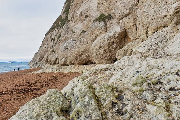 A rocky beach is dominated by a large cliff face under a cloudy sky in Durdle Door - Dorset - Great Britain
