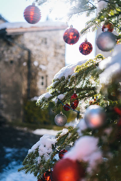 Christmas tree outside of traditional Swiss village in winter, Ticino Canton