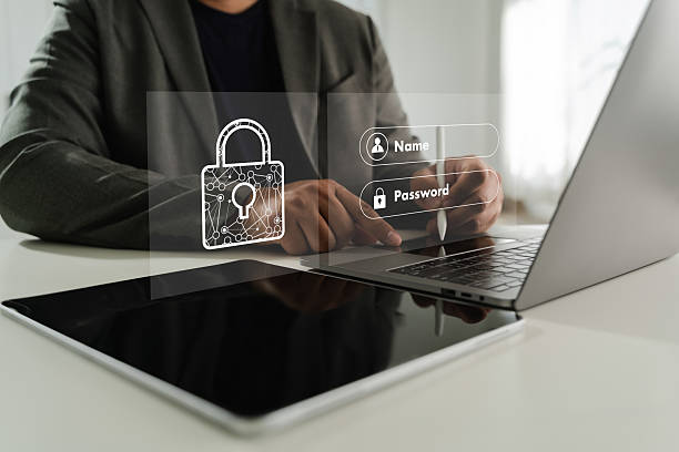 istock Cybersecurity Data privacy Business person entering login details digital interface with security icons, emphasizing online security and data 2221219904