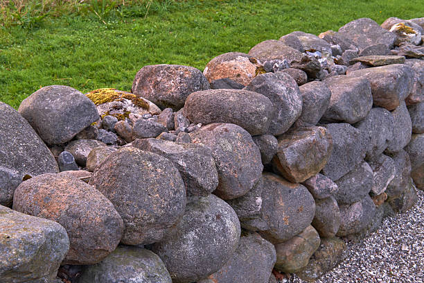 A wall made of large rocks. The wall is brown and has a rough texture