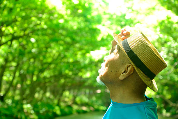 Smiling elderly man enjoying forest bathing in the fresh greenery