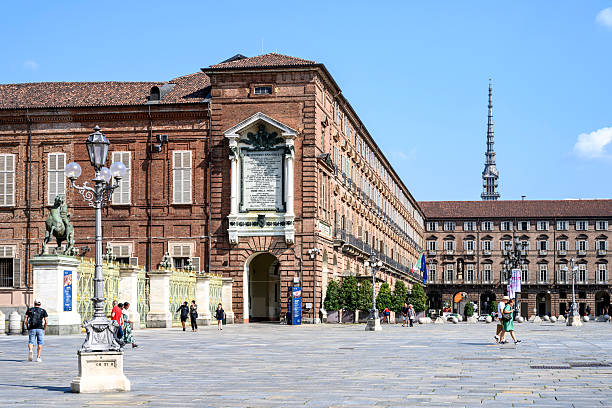 View of the second largest square in Turin, the «Piazza Castello » and the Royal Palace. Turin in Italy. August 22, 2024
