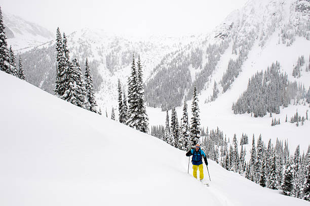 istock Backcountry skier climbs mountain on snowy day 2221220606