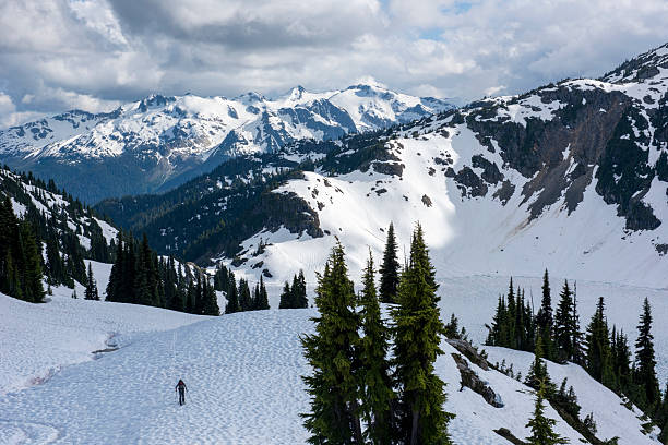 istock Aerial view of backcountry splitboarder ascending mountain, B.C. 2221224062