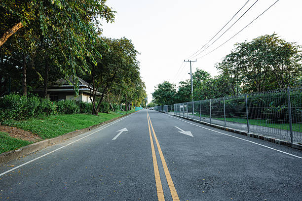istock Pathway in green tree city public park sunset light with building 2221230468