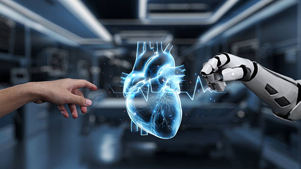 istock Robot and human reach hand and point finger with heart icon float. Salubrious. 2221232289