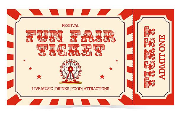 Fun fair ticket in retro style with ferris wheel. Flat vector illustration on white background