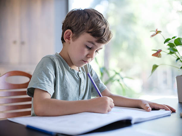 istock Little child boy doing her homework at home 2221238682