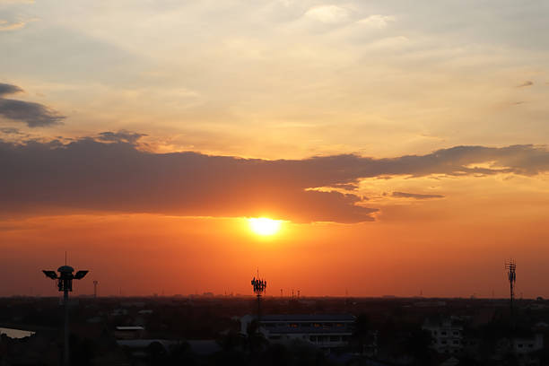 Weather forecast data symbol with graph and chart show aerial view of sunset image on dramatic tropical summer twilight sky and clouds background.