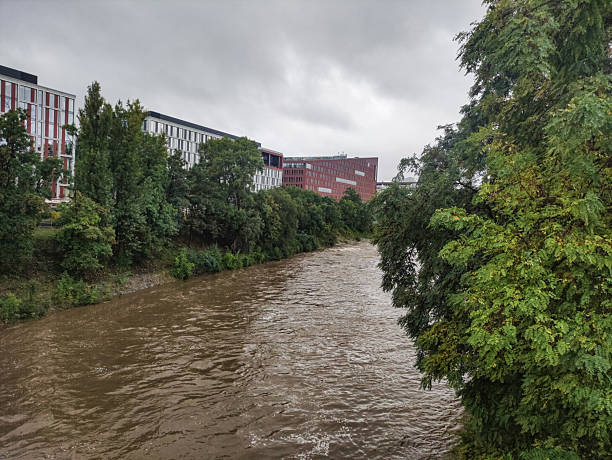 Prague, czech republic - september 16, 2024: muddy waters of the vltava river flowing rapidly past buildings and trees in prague after heavy rainfall during a cloudy autumn day
