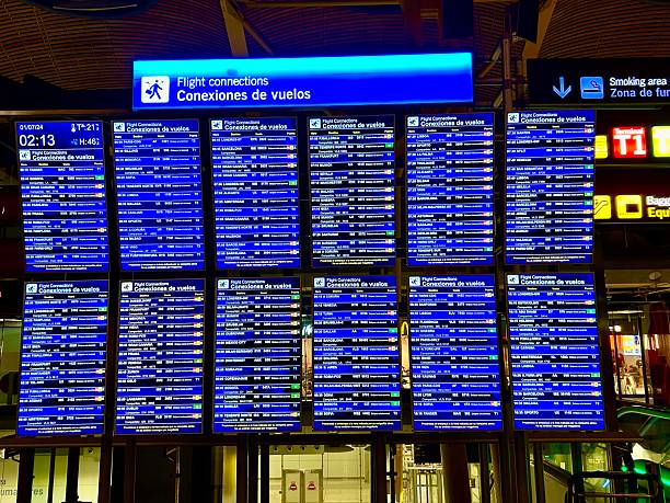 This image captures the illuminated flight connections board at Madrid-Barajas Adolfo Suárez Airport during the early morning hours. The digital screens list a multitude of international destinations, gate numbers, and times, reflecting the airport’s global connectivity and the pulse of international travel.