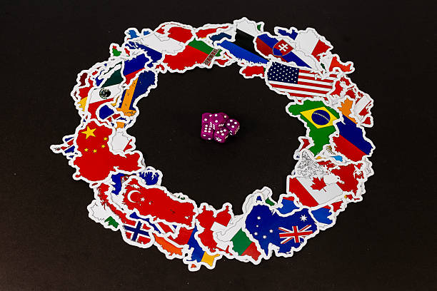 Cluster of Purple Dice Surrounded by Flag Map Countries