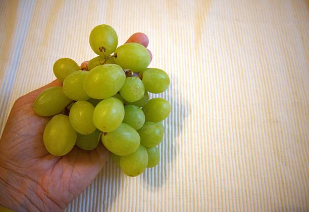istock Green grape close up with  hand and white background. 2221271266